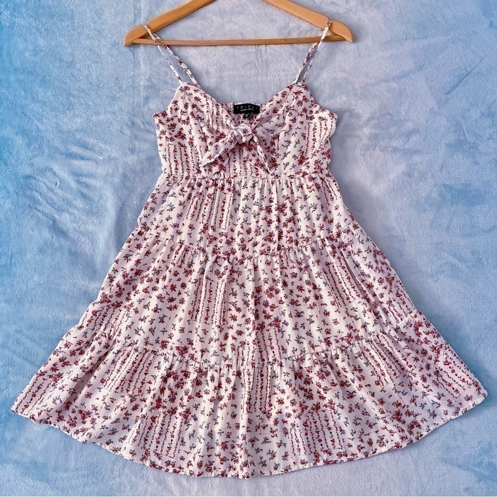Trixxi Dress Womens XS Ivory Multicolor Floral Tie Front Fun Summer Casual Boho